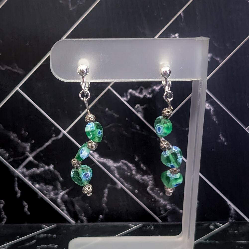 Vintage Clip On Earrings Green Millefiori Glass Twisted Dangle Heart Earrings